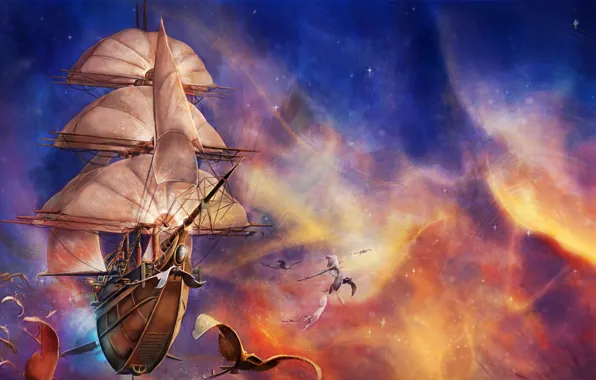 Space, fantasy, flying, ship, artwork, fantasy art, creature, sails