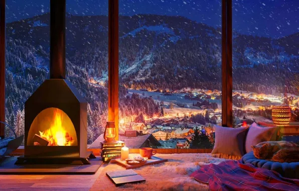 Picture interior, fireplace, a cozy room, cozy winter living room