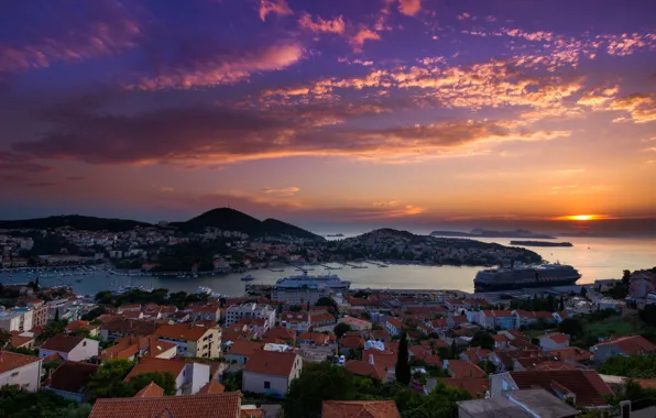 Sea, clouds, landscape, sunset, ship, home, glow, Croatia