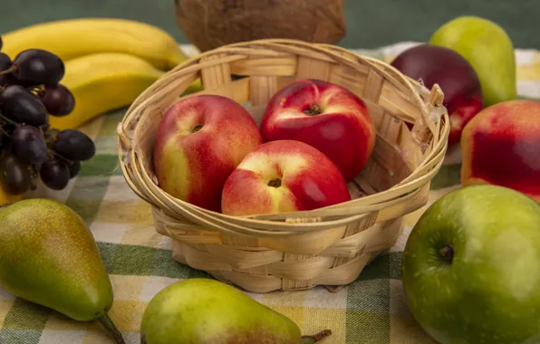 Apple, towel, green, grapes, bananas, red, bowl, fruit