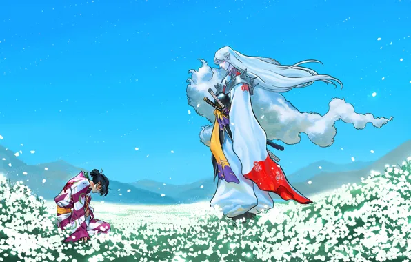Field, figure, anime, meadow, art, samurai, kimono, field