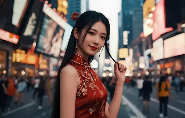 Girl, the city, earrings, Chinese, Asian, red dress, long hair