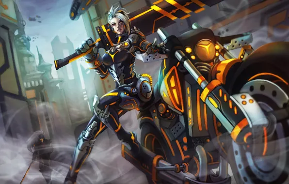 Picture sword, costume, motorcycle, bike, lol, League of Legends, riven
