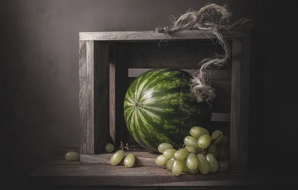 Green, the dark background, table, Board, food, rope, watermelon, grapes