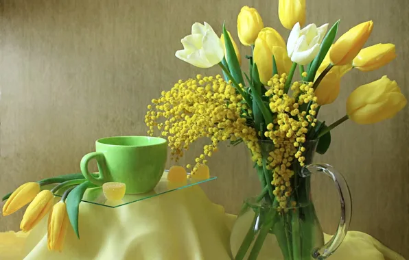 Flowers, Cup, tulips, pitcher, still life, marmalade, Mimosa