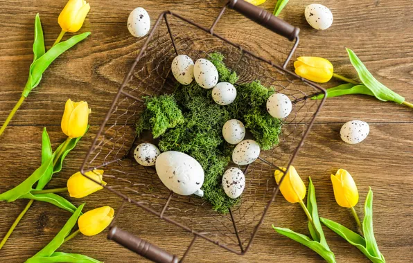 Flowers, holiday, Board, moss, eggs, spring, yellow, Easter