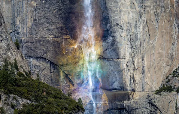 Nature, rock, mountain, waterfall, rainbow, Yosemite Valley