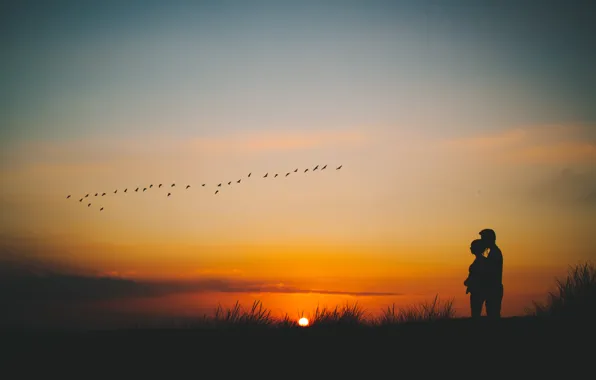 The sky, the sun, clouds, sunset, pair, lovers, silhouettes
