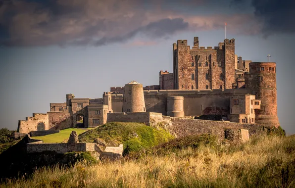 The sky, grass, the sun, clouds, castle, wall, England, tower