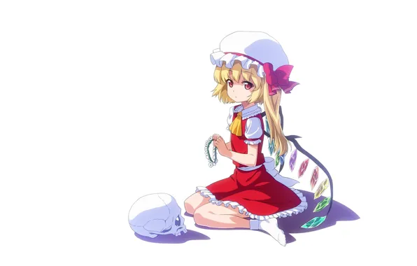 Skull, wings, white background, crystals, sitting, red eyes, wreath, cap