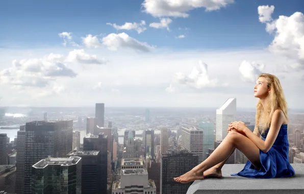 The sky, girl, clouds, the city, blonde, panorama, legs, Chicago