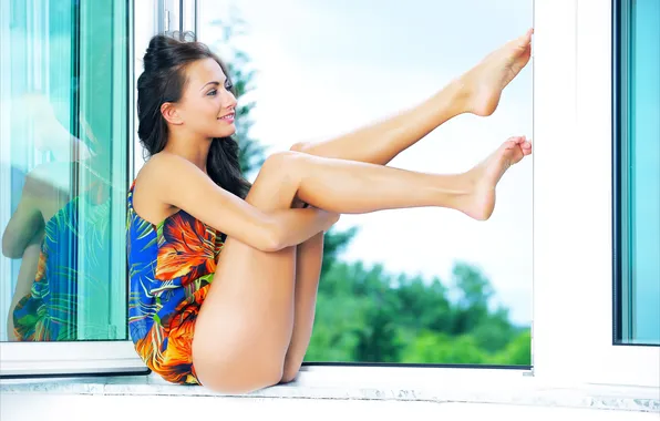 Girl, Smile, Model, Window, Brunette, Feet, Legs, Sexy
