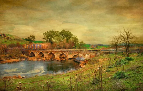 Picture bridge, nature, river, hills, paint, texture, canvas