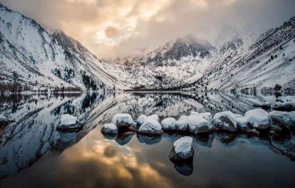 Picture mountains, lake, reflection, stones, CA, California, Convict Lake, Mount Morrison