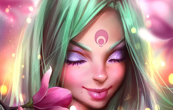 Picture flower, girl, face, eyelashes, anime, art, lips