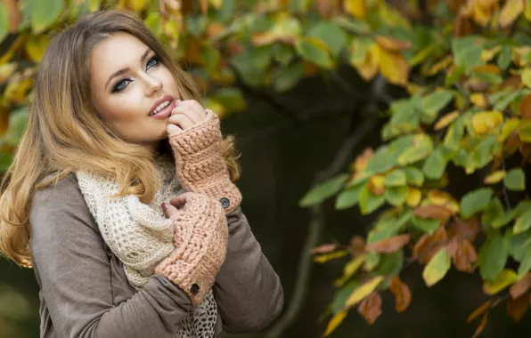 Autumn, leaves, girl, branches, makeup, brown hair, coat, mitts
