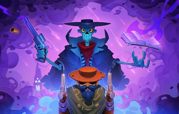 Guns, hat, skeleton, book, cowboy, man, Enter the Gungeon