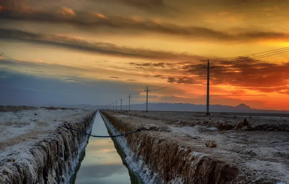 The sky, sunset, channel, power lines