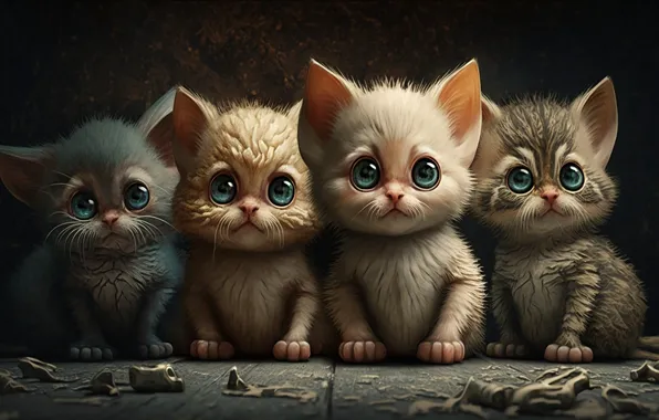 Eyes, look, cats, the dark background, rendering, kitty, cats, graphics