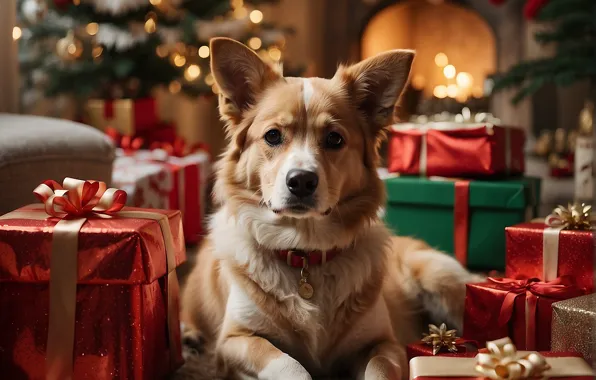 Dog, Christmas, New year, face, Christmas decorations, Corgi, new year decorations, AI art