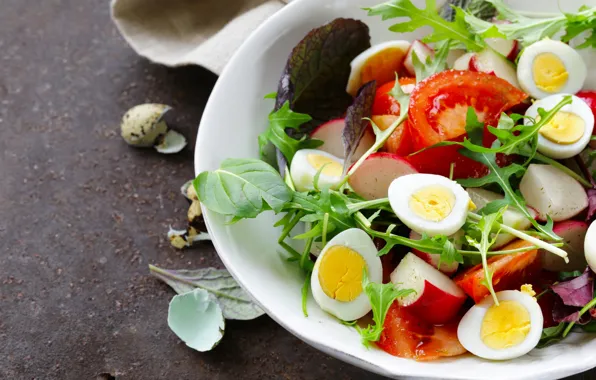 Picture eggs, vegetables, tomatoes, salad, radishes, arugula