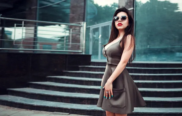 Pose, model, building, portrait, makeup, figure, dress, glasses
