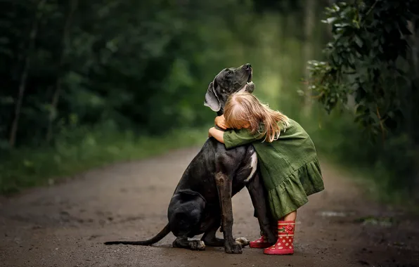 Nature, dog, dress, hugs, girl, boots, baby, child