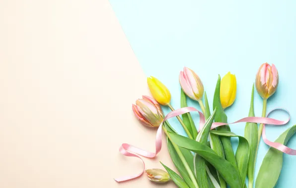 Picture flowers, bouquet, tulips, yellow, pink, flowers, tulips, spring