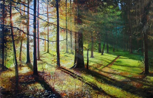 The sun, rays, trees, landscape, picture, shadows, painting, path