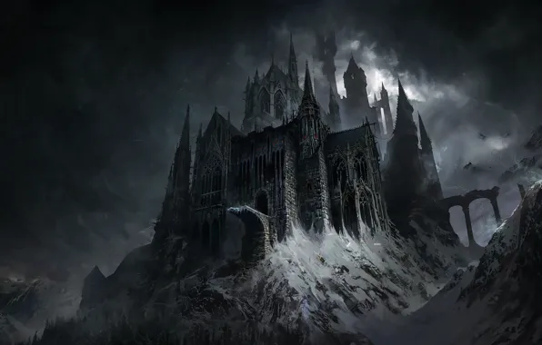 Winter, Mountains, Night, Palace, Castle, Clouds, Fantasy, Clouds