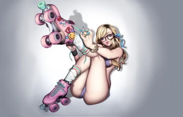 Girl, videos, glasses, tape, hearts, bracelet, grey background, smiley
