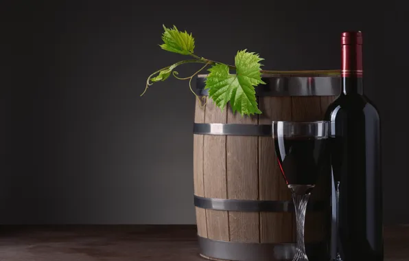 Leaves, wine, glass, bottle, barrel