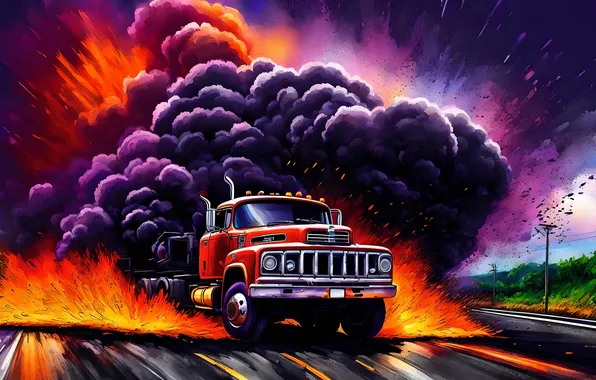 Fire, flame, smoke, truck