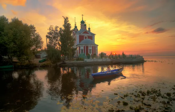 Picture landscape, sunset, nature, river, boat, Church, Gordeev Edward, Eduard Gordeev