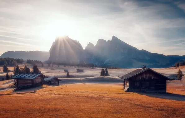 Picture fog, morning, mountains, house