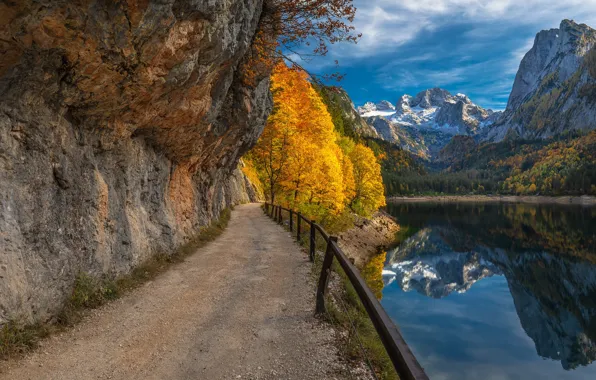 Picture road, autumn, forest, mountains, rocks