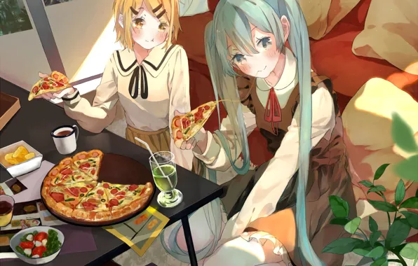 Table, glass, plant, pillow, mug, blouse, drink, vocaloid