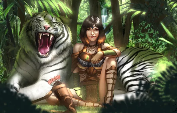 Forest, girl, tiger, jungle, art, white tiger, Kiera