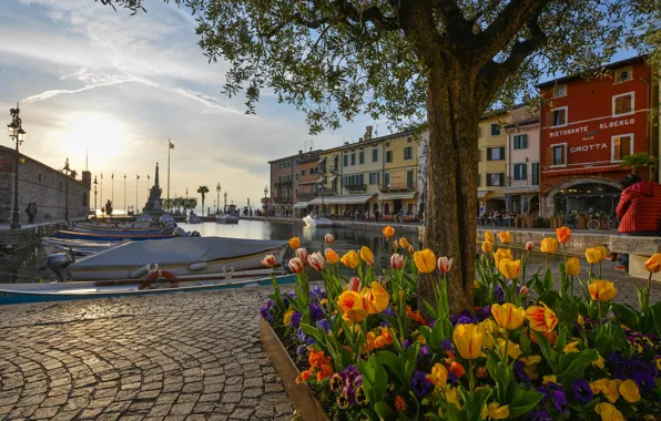 Flowers, lake, tree, building, home, Bay, boats, port
