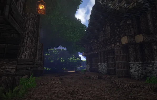 Grass, house, tree, street, the darkness, gate, lantern, Minecraft