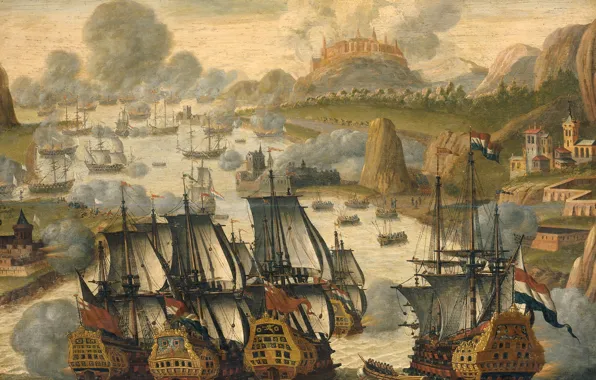 Picture trees, ship, oil, picture, battle, Naval Battle in Bay of Vigo