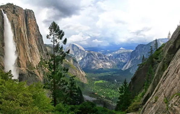 Picture the sky, clouds, trees, mountains, waterfall