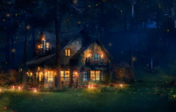 Forest, house, fireflies, art, The Firefly Cottage