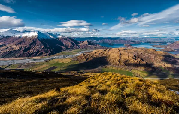 Mountains, lake, view, New Zealand, Wanaka