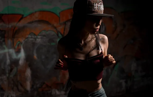 Sexy, pose, background, wall, graffiti, model, jeans, makeup