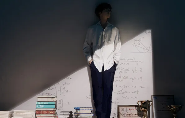 Wall, books, glasses, guy, calculations, wlop