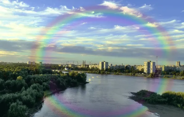 The city, river, the evening, Rainbow, dawn