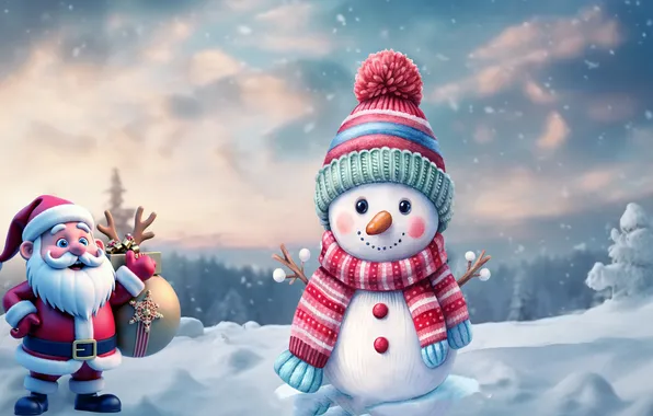 Forest, snow, background, Snowman, Santa Claus with gifts