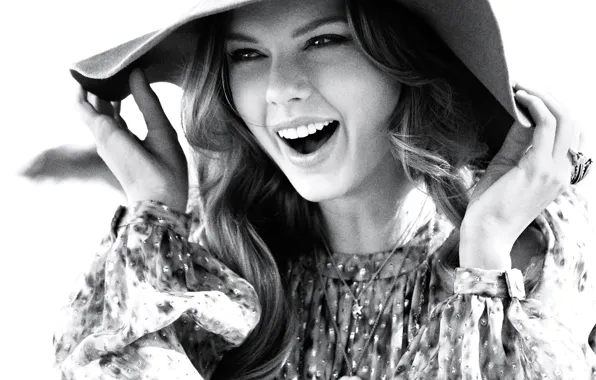 Picture joy, photo, mood, hat, dress, black and white, singer, Taylor Swift
