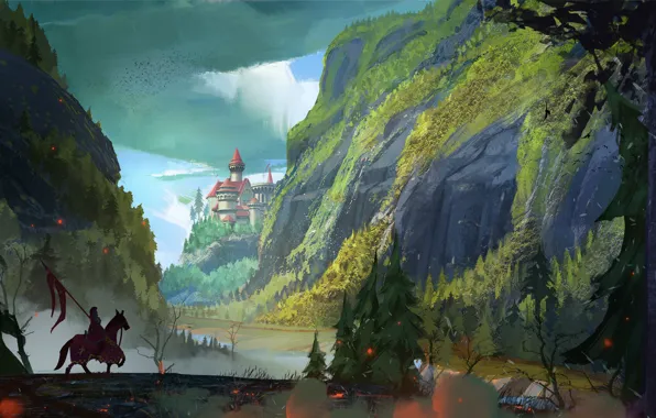 Mountains, Horse, Figure, River, Castle, Horse, King, Art
